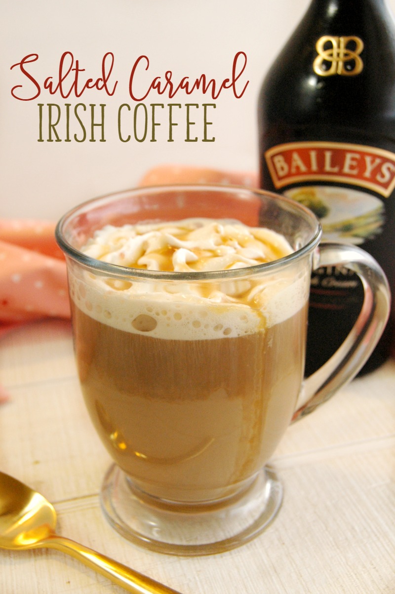 recipes for twenty super delicious hot drinks to warm you up during fall or winter! This Salted Caramel Irish Coffee is the PERFECT weekend relaxing drink! Just cozy up with a good book and you're set!