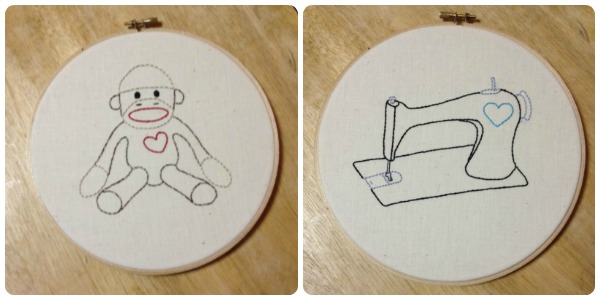 sock monkey & antique sewing machine hoop art~ busybeingjennifer.com