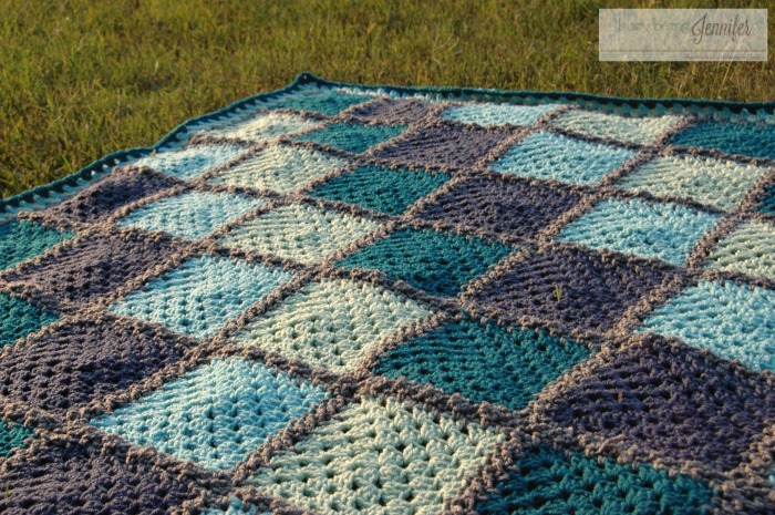 Granny Square Afghan in shades of blue and green - busybeingjennifer.com