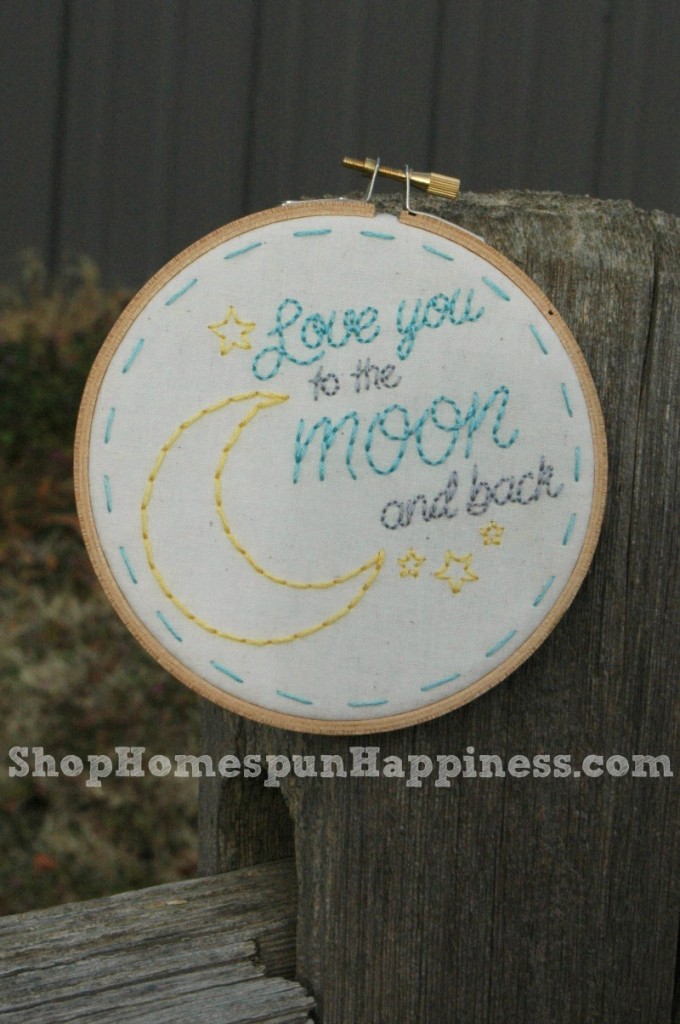 5 Inch Hoop Art - Love you to the moon and back -- ShopHomespunHappiness.com