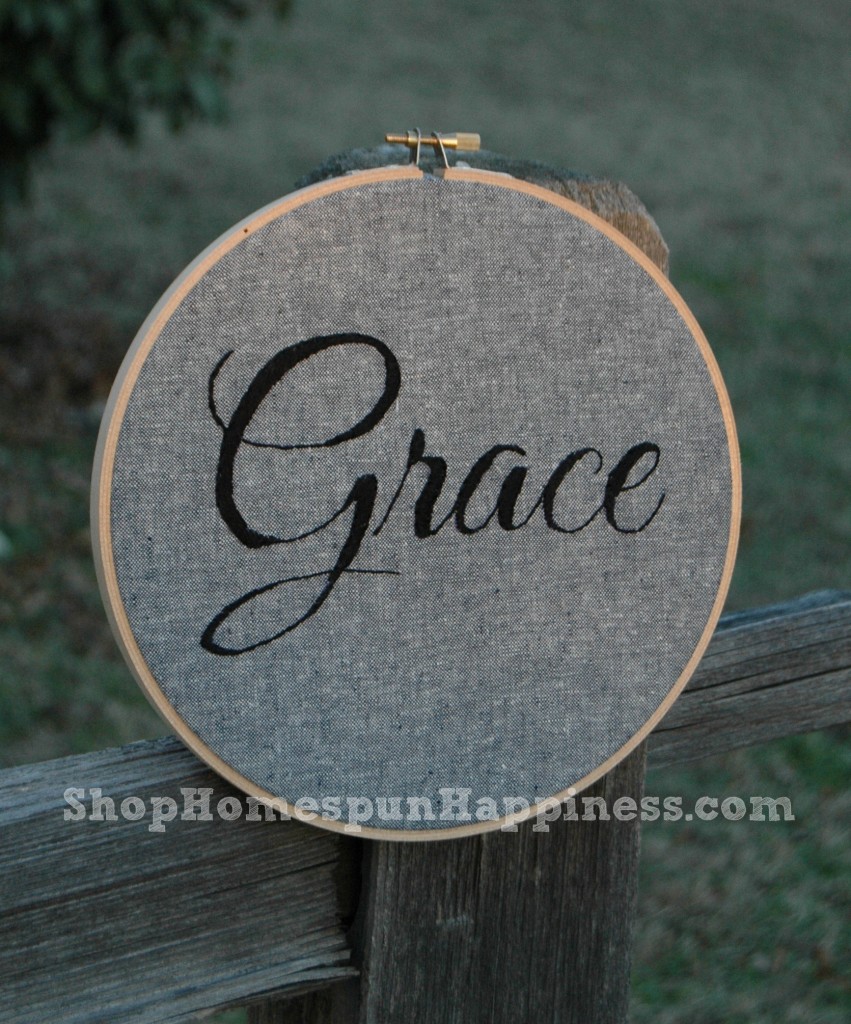 One Little Word - Grace 8 inch hoop art - shophomespunhappiness.com