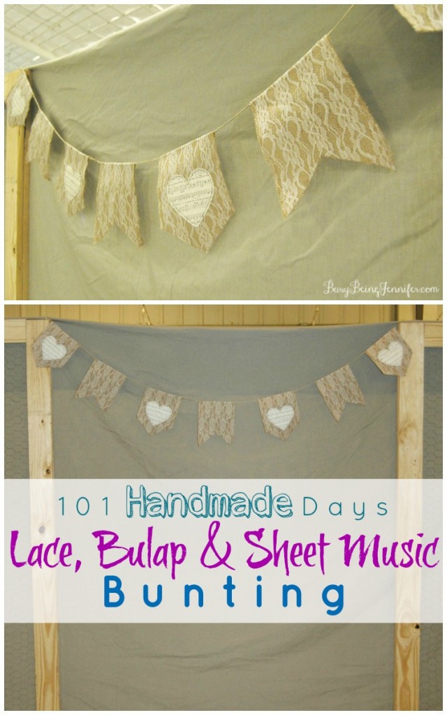 Lace Burlap and Sheet Music Bunting - BusyBeingJeninfer.com #101handmadedays