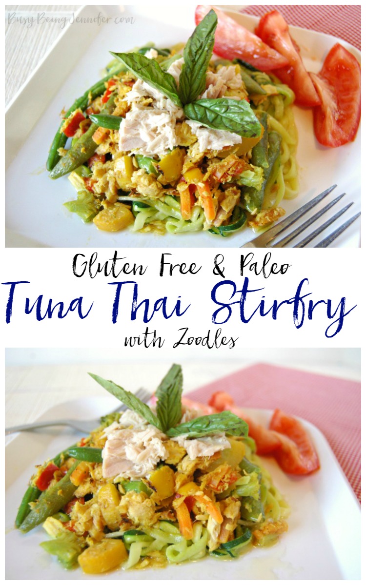 The tuna and veggies combine with the thai inspired spices to create one heck of a flavor party in your mouth! If you're eating gluten free or a paleo diet, you're gonna love this recipe! Even if you're not, this Paleo Tuna Thai Stir Fry with Zoodles recipe will please your taste buds and probably the whole family too!