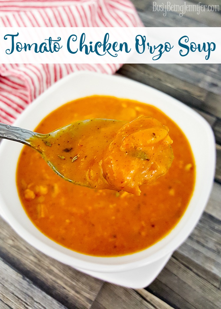 Delicious and tasty with just a hint of spicy! Try this Tomato Chicken Orzo Soup Recipe from BusyBeingJennifer.com