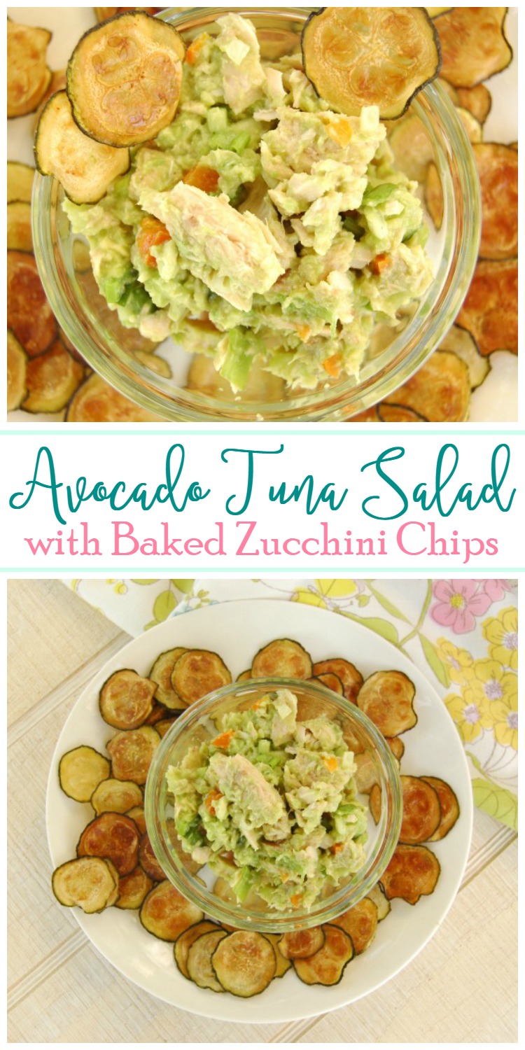This Avocado Tuna Salad with Baked Zucchini Chips is the perfect gluten free and paleo snack for an afternoon pick-me-up or after school snack! - BusyBeingJennifer.com
