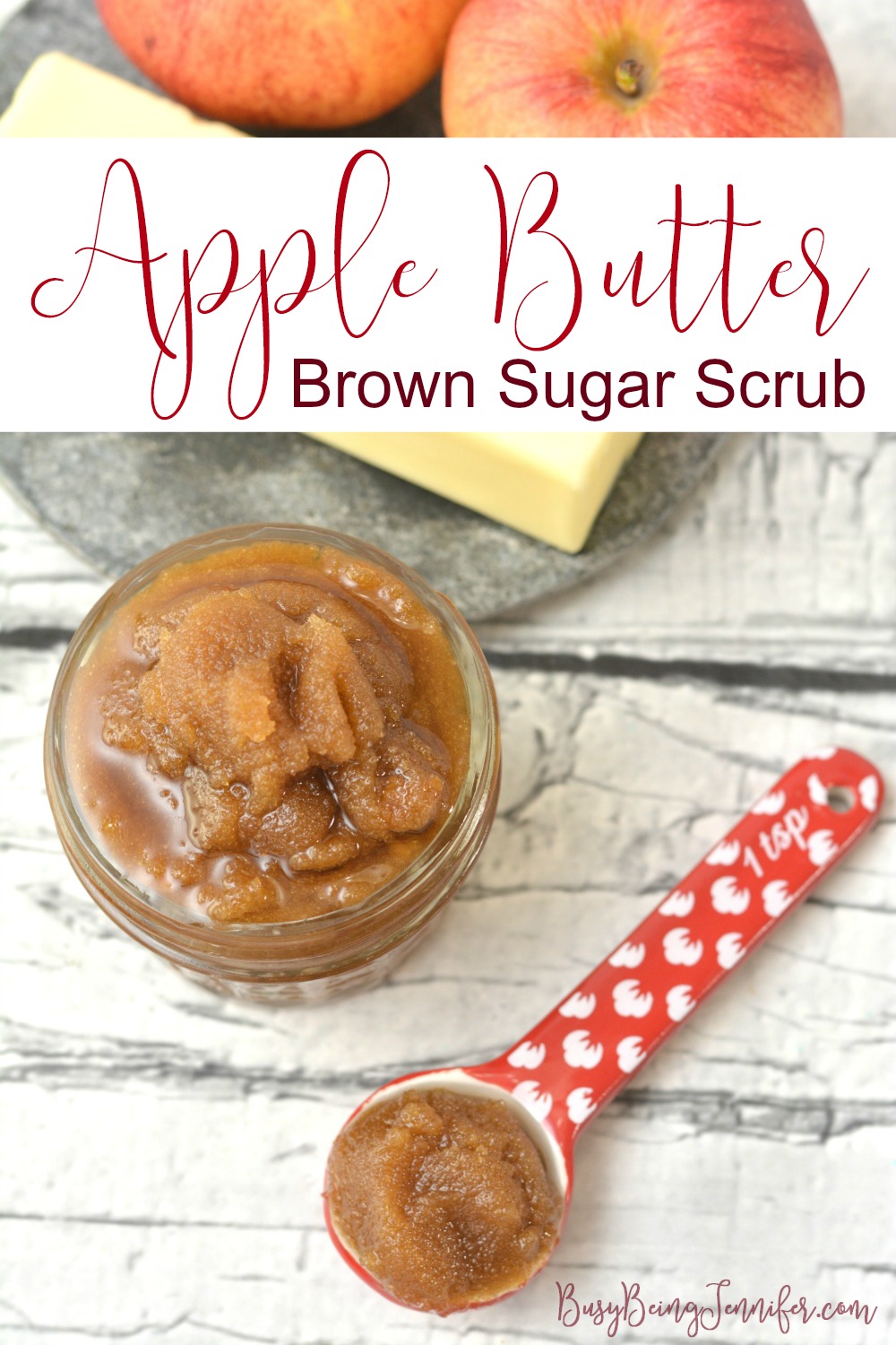 I do love a good sugar scrub! Especially one that smells amazing! This Apple Butter Brown Sugar Scrub is almost like taking a bath in an apple pie. 