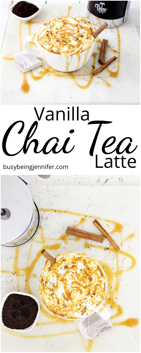 photo collage of vanilla chai latte recipe with text which reads vanilla chai tea latte