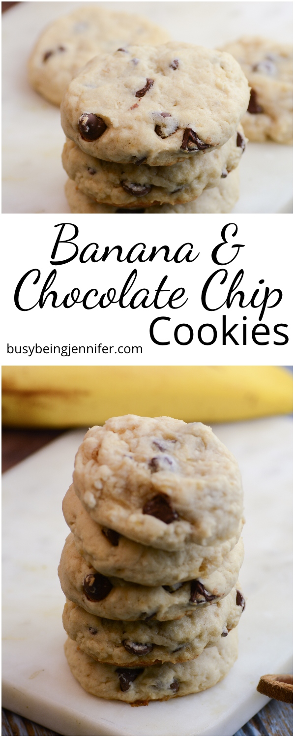 photo collage of easy chocolate chip banana cookies with text which reads banana & chocolate chip cookies