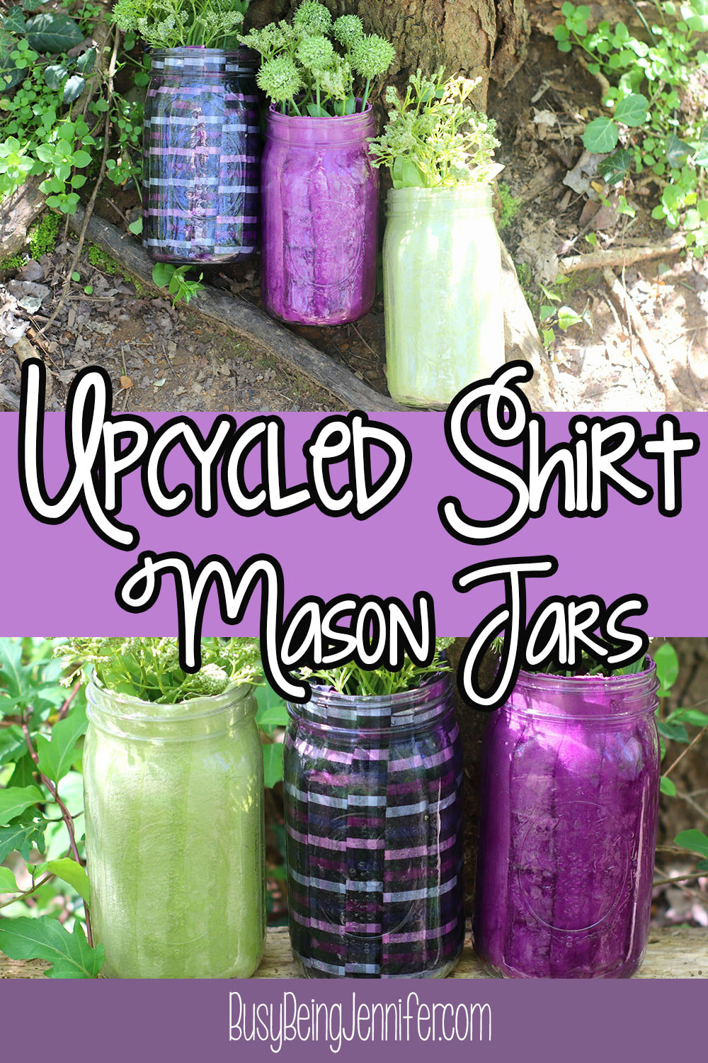 I made these awesome Upcycled Mason Jars with old shirts on a whim, because I have an enormous number of jars and really needed to brighten my porch. So, rather than just grabbing some plants, I decided to make a set of unique planters that are totally all my own!