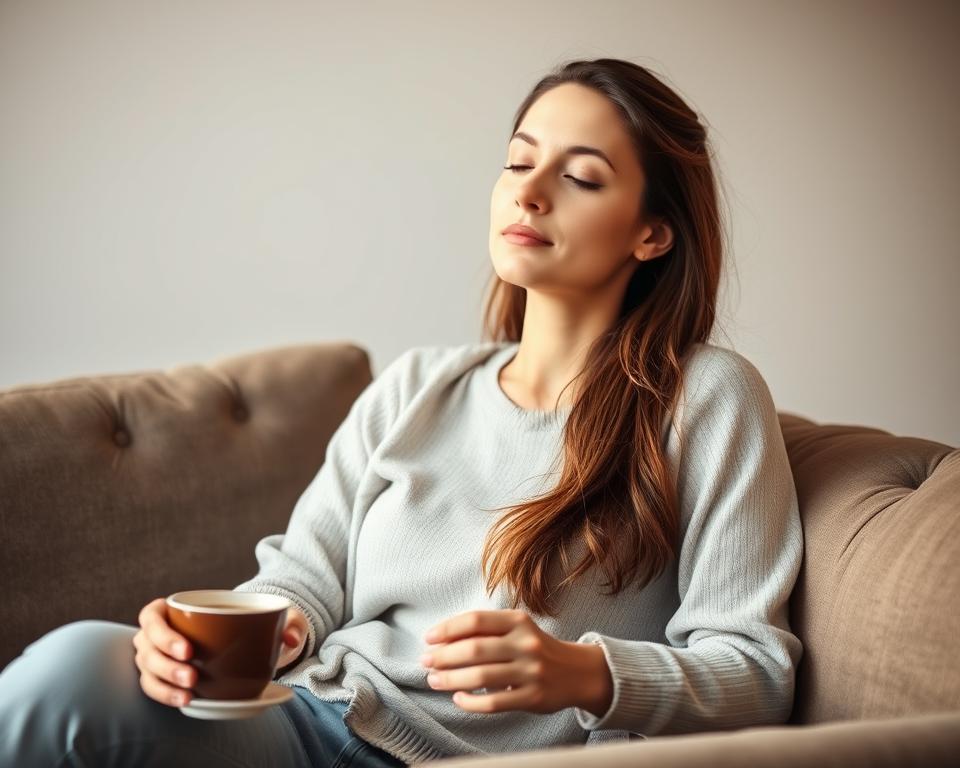 A busy woman sits on a couch, a cup of coffee on the side table, her eyes closed, her expression serene. The lighting is soft and warm, casting a gentle glow on her face. The background is blurred, with hints of a clean, minimalist living room, conveying a sense of simplicity and calm. The composition emphasizes the woman's tranquility, suggesting that even in the midst of a hectic schedule, she can find a moment of reset and rejuvenation in just a few minutes.