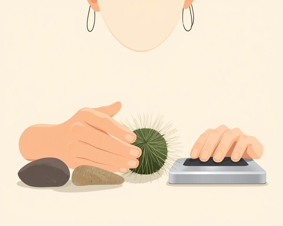 A calming, minimalist illustration of a person practicing the 5-4-3-2-1 grounding technique. A close-up view of their hands gently touching different textures - a smooth stone, a fuzzy plant, a cold metal surface. Their face is out of frame, allowing the focus to remain on the sensory experience. Soft, diffused natural lighting filters in, creating a serene, introspective atmosphere. The background is a simple, muted color palette, devoid of distractions, guiding the viewer's attention inward. The overall tone is one of quiet contemplation and tactile, embodied presence.