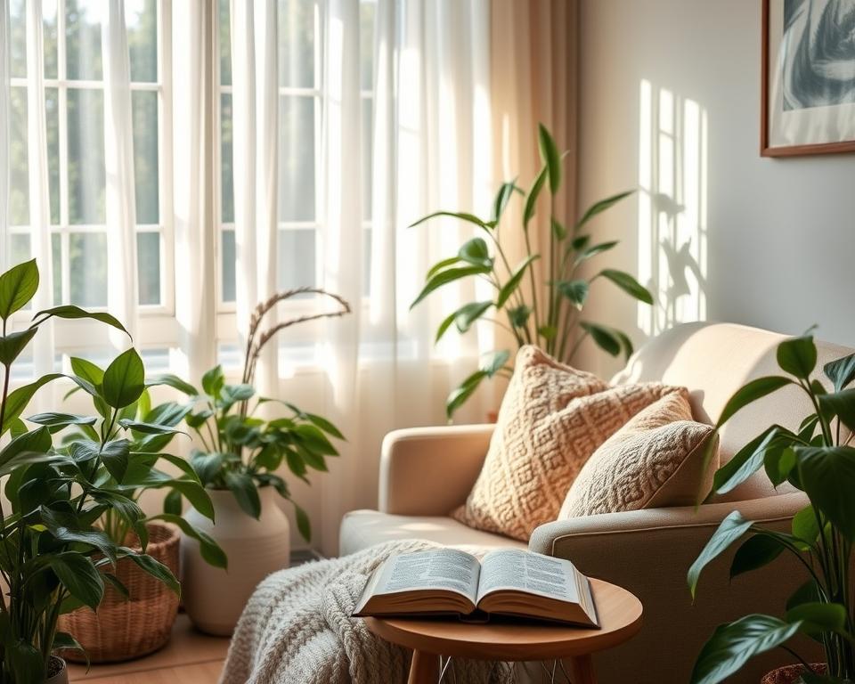 A cozy corner for daily stress recovery. A comfortable armchair in a warm, welcoming living room, surrounded by lush, verdant plants and soft, ambient lighting. Sunlight filters through sheer curtains, casting a gentle glow. On a small side table, a steaming mug of herbal tea and a well-worn book await. Plush throw blankets and pillows invite relaxation. The scene exudes a sense of tranquility and respite, a haven for the mind to unwind.