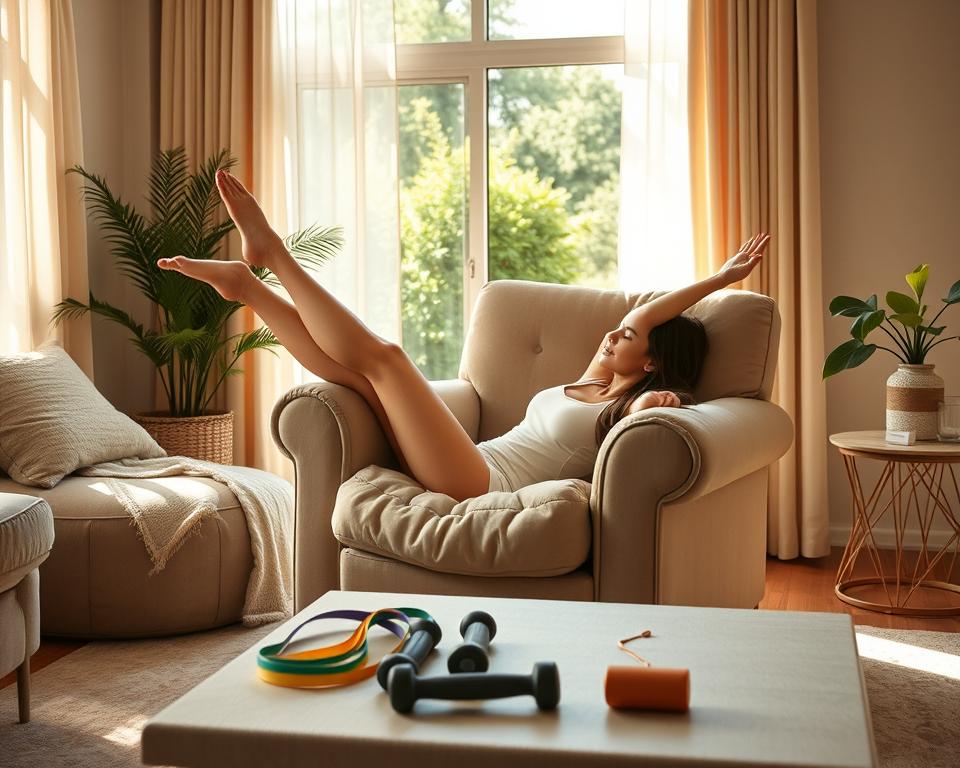 A cozy, sun-drenched living room setting. In the foreground, a young woman relaxed on a plush, oversized armchair, her limbs gently stretching in languid, easy movements. Soft, muted colors throughout, creating a tranquil atmosphere. In the middle ground, a few simple fitness props like resistance bands and small dumbbells are scattered on a low coffee table, hinting at light, accessible exercises. The background features a large window with sheer curtains, offering glimpses of a lush, green outdoor scene, conveying a sense of relaxation and effortless well-being. Warm, natural lighting filters in, casting a gentle glow. The entire scene exudes a casual, carefree vibe, inspiring easy, mindful movements for the "lazy girl".