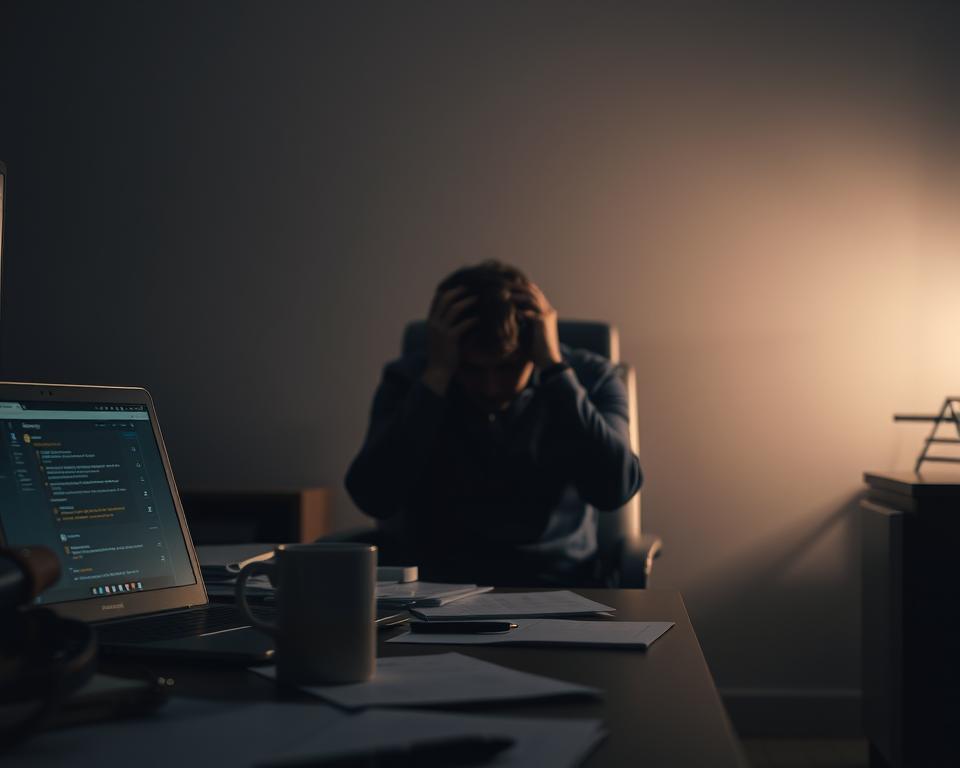 A dimly lit office space, the walls casting long shadows. In the foreground, a desk cluttered with unfinished tasks, a laptop glowing with notifications, and a half-empty coffee mug. The middle ground reveals a figure slumped in their chair, head in hands, expression strained. Muted colors and a sense of heaviness pervade the scene, conveying the emotional exhaustion of burnout. Diffused, moody lighting casts a somber atmosphere, emphasizing the subtle signs of mental and physical strain. The background fades into a blurred, hazy backdrop, further highlighting the focus on the central figure's struggle with the pressures of work.