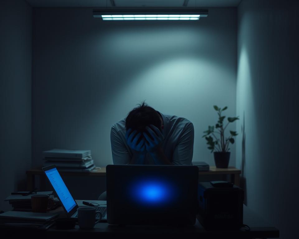 A dimly lit office space, the walls closed in with a sense of oppression. In the foreground, a desk cluttered with unfinished tasks, coffee mugs, and a laptop emitting a harsh blue glow. The protagonist's face is hidden, head in hands, shoulders slumped - the physical embodiment of burnout. Shadows creep in from the edges, enveloping the scene with a feeling of isolation and emotional exhaustion. Flickering fluorescent lights cast an unsettling ambiance, while a lone plant in the corner wilts, mirroring the protagonist's inner state. The mood is somber, a silent cry for help amidst the overwhelming pressure and demands of modern work life.
