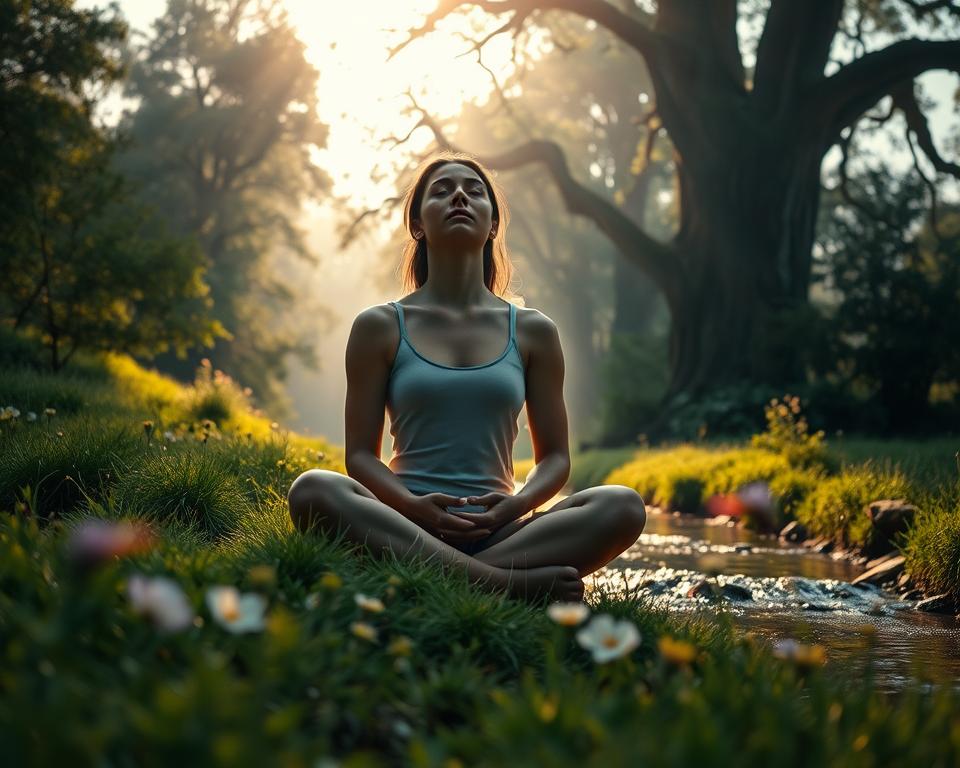 A serene figure sitting cross-legged, eyes closed in deep contemplation, surrounded by a lush, verdant landscape. Soft, diffused lighting filters through wispy clouds, casting a warm, soothing glow. In the foreground, delicate wildflowers sway gently in a light breeze, their petals adding pops of color to the tranquil scene. The middle ground features a tranquil stream, its gently flowing waters reflecting the calming atmosphere. Towering, ancient trees line the background, their branches reaching skyward, creating a sense of grounding and protection. The overall mood is one of peace, balance, and a deep connection to the natural world, offering a visual representation of "anxiety grounding."
