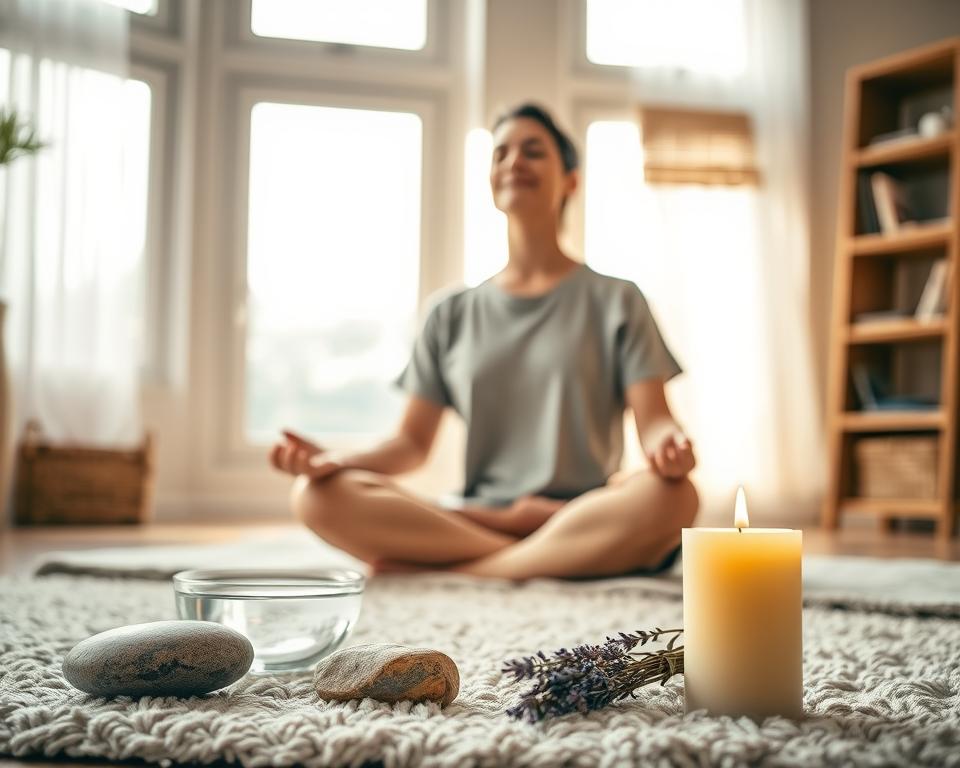 A serene indoor scene with a person sitting cross-legged on a plush rug, their eyes closed and a tranquil expression on their face. Soft, diffused natural lighting filters in through large windows, casting a warm glow. In the foreground, various grounding objects are arranged neatly - a river stone, a bowl of water, a bundle of lavender, and a lit candle. The background features muted, calming colors and textures, like a wooden bookshelf or a neutral-toned wall. The overall atmosphere is one of mindfulness, relaxation, and respite from anxiety.