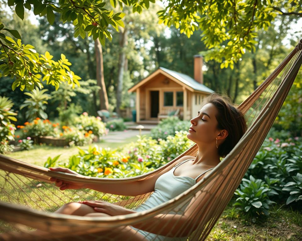 A serene outdoor scene with a person engaged in an unconventional self-care activity. In the foreground, they are gently swaying in a hammock, eyes closed, finding solace in the gentle rocking motion. The middle ground features a lush, verdant garden with vibrant flowers and foliage, creating a tranquil, natural atmosphere. In the background, a cozy, minimalist cabin nestled among the trees, conveying a sense of retreat and quiet contemplation. Soft, diffused natural lighting filters through the leaves, casting a warm, soothing glow over the entire scene. A sense of peacefulness, balance, and a departure from traditional self-care practices pervades the image. A serene outdoor scene with a person engaged in an unconventional self-care activity. In the foreground, they are gently swaying in a hammock, eyes closed, finding solace in the gentle rocking motion. The middle ground features a lush, verdant garden with vibrant flowers and foliage, creating a tranquil, natural atmosphere. In the background, a cozy, minimalist cabin nestled among the trees, conveying a sense of retreat and quiet contemplation. Soft, diffused natural lighting filters through the leaves, casting a warm, soothing glow over the entire scene. A sense of peacefulness, balance, and a departure from traditional self-care practices pervades the image.