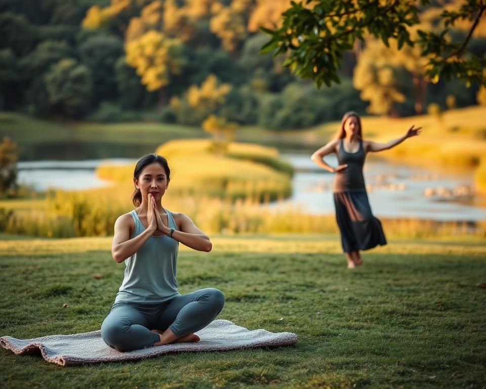 A serene outdoor scene with a person engaged in various movement-based stress relief activities. In the foreground, a person is seen doing gentle yoga poses on a plush yoga mat, their expression calm and focused. In the middle ground, they transition into a sequence of tai chi or qigong movements, flowing effortlessly. The background depicts a lush, verdant landscape with a tranquil lake or stream, bathed in warm, golden hour lighting. The overall atmosphere evokes a sense of peace, balance, and mindful rejuvenation. A serene outdoor scene with a person engaged in various movement-based stress relief activities. In the foreground, a person is seen doing gentle yoga poses on a plush yoga mat, their expression calm and focused. In the middle ground, they transition into a sequence of tai chi or qigong movements, flowing effortlessly. The background depicts a lush, verdant landscape with a tranquil lake or stream, bathed in warm, golden hour lighting. The overall atmosphere evokes a sense of peace, balance, and mindful rejuvenation.