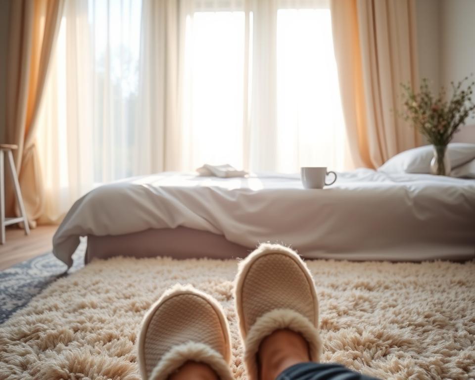 A serene, sun-dappled bedroom at dawn. Soft, warm light filters through sheer, billowing curtains, casting a gentle glow over a neatly made bed with crisp, white linens. On the bedside table, a steaming mug of fragrant tea and a small vase of freshly picked wildflowers. In the foreground, a person's feet are visible, clad in cozy slippers, as they step onto a plush, neutral-toned rug. The atmosphere is tranquil and unhurried, inviting a sense of calm and mindfulness to start the day. A serene, sun-dappled bedroom at dawn. Soft, warm light filters through sheer, billowing curtains, casting a gentle glow over a neatly made bed with crisp, white linens. On the bedside table, a steaming mug of fragrant tea and a small vase of freshly picked wildflowers. In the foreground, a person's feet are visible, clad in cozy slippers, as they step onto a plush, neutral-toned rug. The atmosphere is tranquil and unhurried, inviting a sense of calm and mindfulness to start the day.