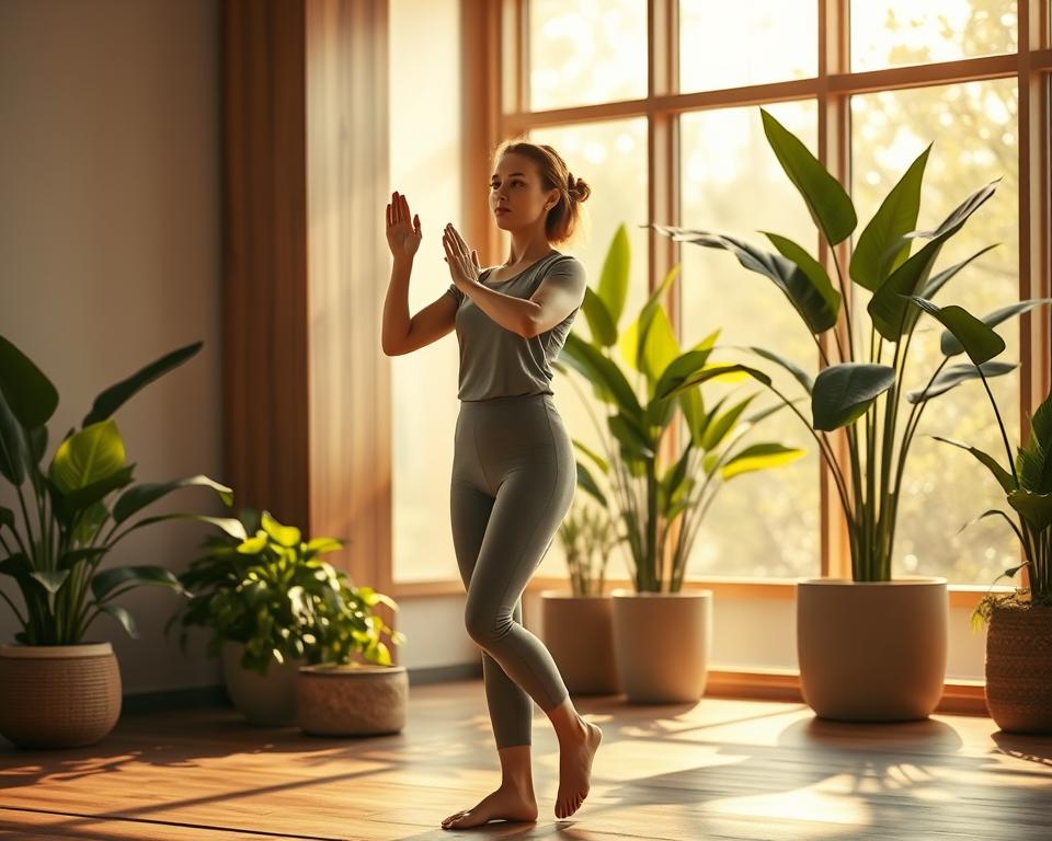 A serene, sun-dappled scene of a woman performing gentle, low-impact exercises in a tranquil indoor setting. In the foreground, she stands with a relaxed, grounded posture, her movements fluid and graceful, radiating a sense of calm and well-being. The middle ground features a softly-lit, minimalist room with natural wood accents and lush, verdant potted plants, creating a soothing, spa-like atmosphere. The background is suffused with warm, golden light filtering through large windows, casting a serene glow and emphasizing the tranquility of the space. The overall mood is one of quiet rejuvenation and the restorative benefits of incorporating small, mindful movements into one's daily routine.