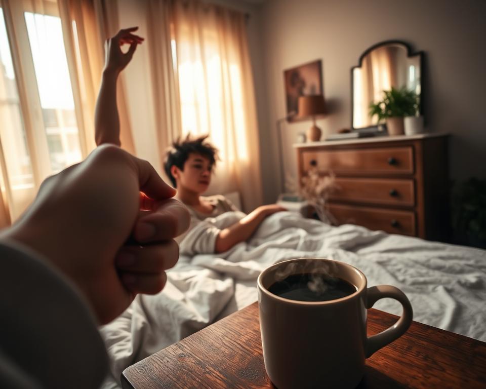 A sleepy individual wakes up in a cozy bedroom, sunlight filtering through curtains. They stretch and rub their eyes, their morning ritual beginning. In the foreground, a hand reaches for a steaming mug of coffee on a bedside table, the aroma wafting through the air. In the middle ground, the person sits up in bed, their messy bedhead and pajamas a testament to the early hour. In the background, a dresser and plants create a sense of domestic tranquility, hinting at the day's tasks ahead. The lighting is soft and warm, conveying a mood of reluctant but gradual wakefulness. The camera angle is slightly elevated, giving a bird's-eye view of the scene and a sense of intimacy. A sleepy individual wakes up in a cozy bedroom, sunlight filtering through curtains. They stretch and rub their eyes, their morning ritual beginning. In the foreground, a hand reaches for a steaming mug of coffee on a bedside table, the aroma wafting through the air. In the middle ground, the person sits up in bed, their messy bedhead and pajamas a testament to the early hour. In the background, a dresser and plants create a sense of domestic tranquility, hinting at the day's tasks ahead. The lighting is soft and warm, conveying a mood of reluctant but gradual wakefulness. The camera angle is slightly elevated, giving a bird's-eye view of the scene and a sense of intimacy.