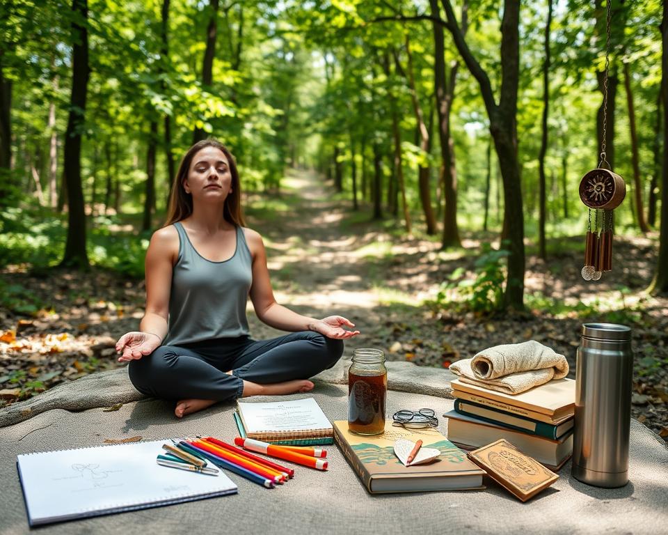 A tranquil outdoor setting, a serene woodland glade with dappled sunlight filtering through the leaves. In the foreground, a person sitting in a relaxed, meditative pose, eyes closed, hands resting gently in their lap. Surrounding them, an array of alternative self-care tools and objects - a sketchpad and colored pencils, a stack of books, a thermos of soothing herbal tea, a small wind chime gently swaying. In the middle ground, a winding path leading deeper into the forest, inviting exploration and discovery. The overall mood is one of calm, introspection, and a sense of finding balance and rejuvenation through simple, mindful activities. A tranquil outdoor setting, a serene woodland glade with dappled sunlight filtering through the leaves. In the foreground, a person sitting in a relaxed, meditative pose, eyes closed, hands resting gently in their lap. Surrounding them, an array of alternative self-care tools and objects - a sketchpad and colored pencils, a stack of books, a thermos of soothing herbal tea, a small wind chime gently swaying. In the middle ground, a winding path leading deeper into the forest, inviting exploration and discovery. The overall mood is one of calm, introspection, and a sense of finding balance and rejuvenation through simple, mindful activities.