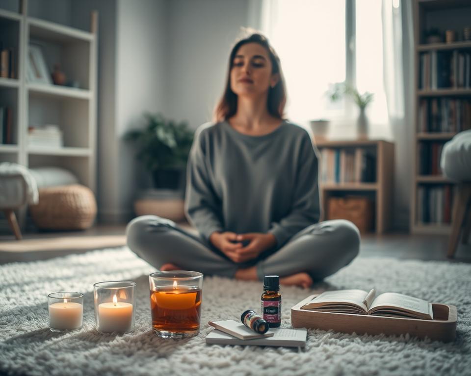 A tranquil scene of a person engrossed in self-care. In the foreground, a figure sits cross-legged on a plush carpet, eyes closed, face serene. Soft, diffused lighting filters through a window, casting a warm glow. The middle ground features an array of self-care items - scented candles, a cup of herbal tea, a journal, and a tray of essential oils. In the background, bookshelves line the walls, hinting at a cozy, introspective space. The overall atmosphere is one of quiet contemplation and rejuvenation, mirroring the subject's journey of personal restoration.