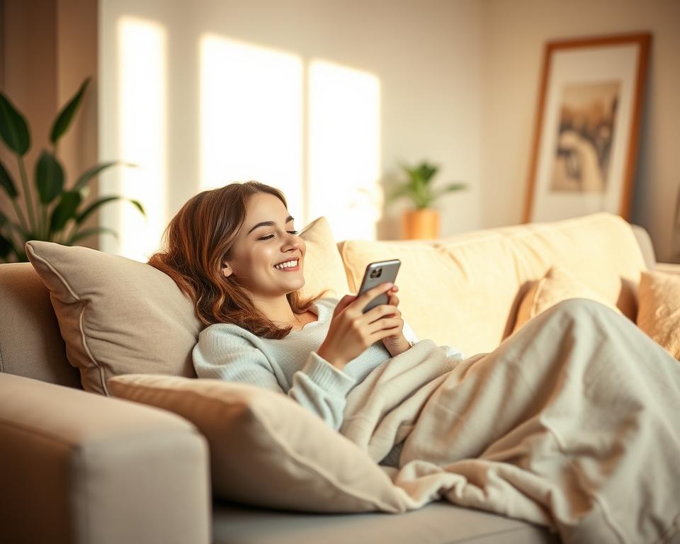 A young woman lounging on a cozy couch, surrounded by plush pillows and a soft, cozy blanket. She has a relaxed, content expression, her eyes half-closed as she scrolls through her phone, embodying the essence of the "Lazy Girl Movement." The living room is bathed in warm, diffused lighting, creating a serene and inviting atmosphere. The minimalist decor features muted tones and natural textures, evoking a sense of effortless style. In the background, a potted plant and a framed piece of art add subtle touches of life and personality to the scene. The overall impression is one of effortless relaxation and a celebration of self-care.