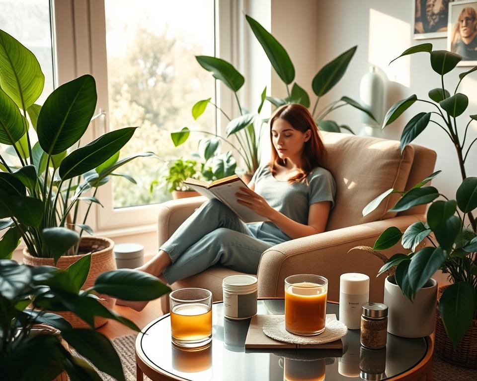 Cozy living room scene with a woman relaxing on a comfortable armchair, engrossed in a book, surrounded by lush houseplants and a warm lighting setup. Soft natural light filters in through large windows, creating a serene and calming atmosphere. On a side table, a cup of herbal tea and a few self-care items like a scented candle, face mask, and a journal are neatly arranged. The overall mood is one of tranquility, mindfulness, and intentional self-care in the comforts of a peaceful home environment.