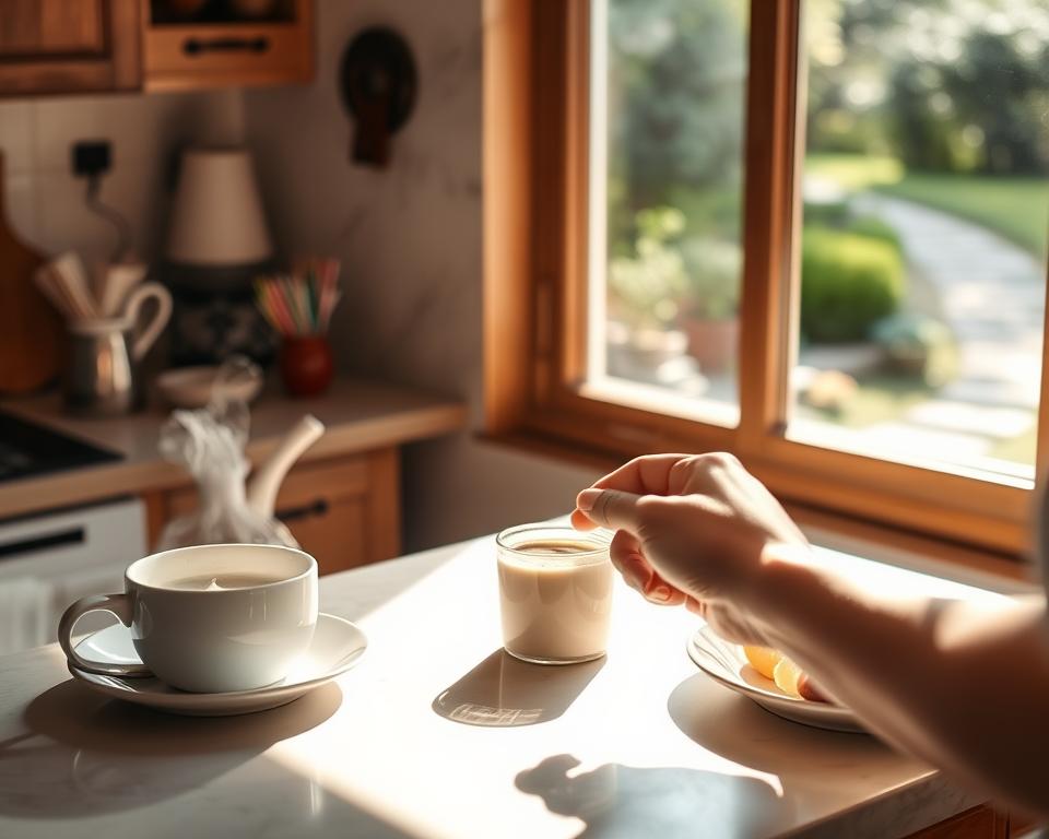 Peaceful morning routine: A sun-dappled kitchen with a warm, rustic atmosphere. On the counter, a steaming mug of coffee and a simple breakfast plate with fresh fruit. In the foreground, a person's hands gently stirring the coffee, taking a moment of quiet contemplation. Soft natural light filters through the window, casting a soothing glow across the scene. The background reveals a view of a tranquil garden, with lush greenery and the hint of a winding path. The overall mood is one of calm, mindfulness, and a sense of unhurried contentment to start the day. Peaceful morning routine: A sun-dappled kitchen with a warm, rustic atmosphere. On the counter, a steaming mug of coffee and a simple breakfast plate with fresh fruit. In the foreground, a person's hands gently stirring the coffee, taking a moment of quiet contemplation. Soft natural light filters through the window, casting a soothing glow across the scene. The background reveals a view of a tranquil garden, with lush greenery and the hint of a winding path. The overall mood is one of calm, mindfulness, and a sense of unhurried contentment to start the day.