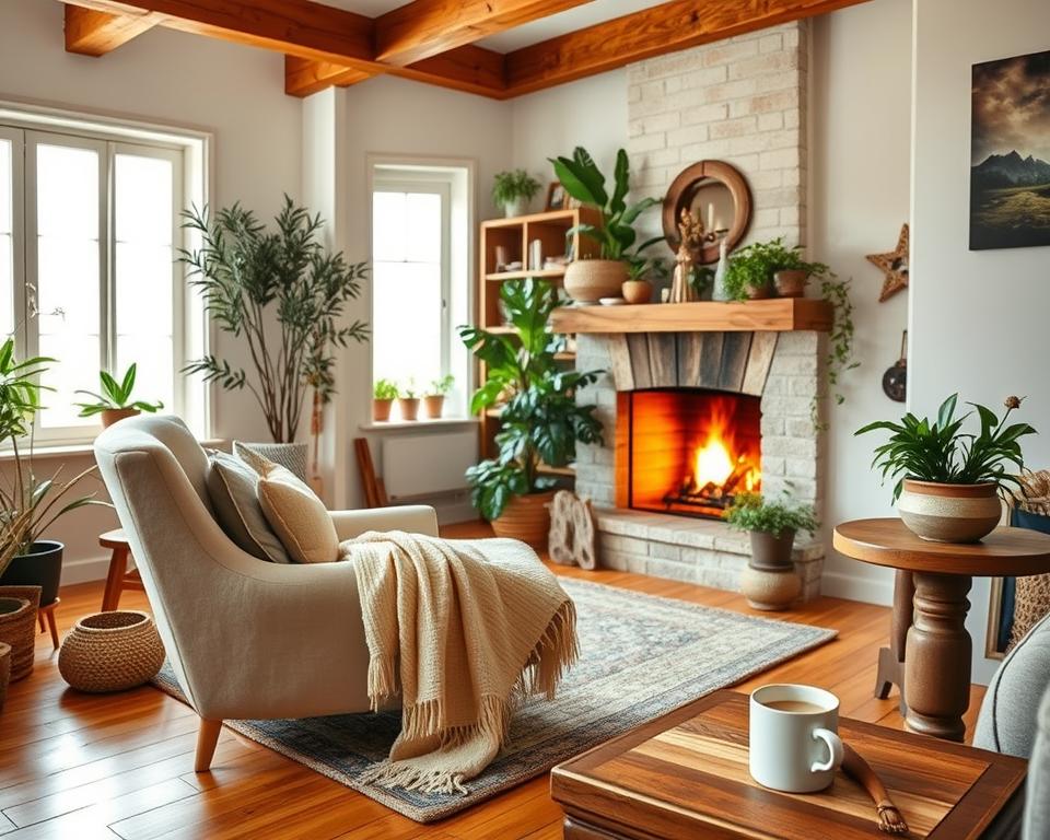 a cozy home retreat, a welcoming living room with a plush armchair and soft throw blanket by a crackling fireplace, warm wooden floors and beamed ceilings, large windows letting in soft natural light, lush potted plants and a bookshelf in the background, a cup of hot tea or coffee on a rustic side table, the atmosphere serene and inviting, as if welcoming you to curl up and relax