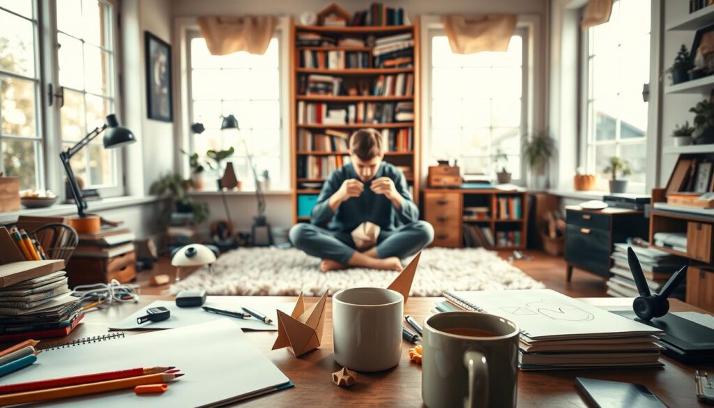 A cozy home office scene, flooded with warm, natural light from large windows. In the foreground, a desk cluttered with an array of everyday objects - a sketchpad, colored pencils, a half-finished origami model, a mug of steaming coffee. In the middle ground, a person sits cross-legged on a plush rug, deeply focused on a DIY craft project, their hands skillfully manipulating materials. The background reveals a bookshelf overflowing with a diverse collection of books and trinkets, hinting at the owner's varied interests and passions. The overall atmosphere is one of relaxed productivity, where the act of making and exploring is seamlessly woven into the fabric of everyday life.