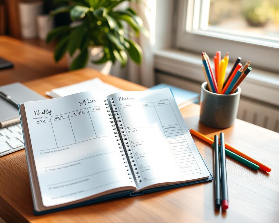 A cozy home office with a wooden desk, a planner opened to reveal weekly self-care tracking pages, colorful pens, and a potted plant bathed in warm, natural light from a large window. The tracking pages have sections for daily habits, mood, and activities, with checkboxes and space for notes. The overall atmosphere is one of organization, mindfulness, and self-reflection, inviting the viewer to engage in their own self-care journey.