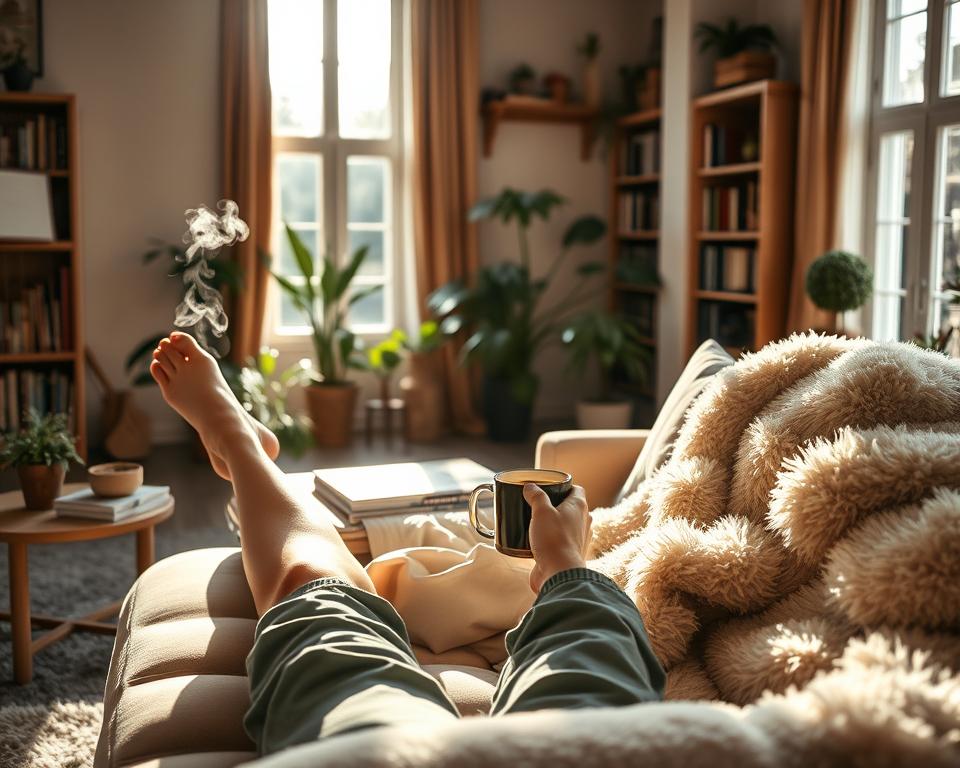 A cozy, sun-dappled living room on a lazy afternoon. In the foreground, a person lounging on a plush sofa, legs propped up, a mug of steaming tea in hand. Soft, natural lighting filters in through large windows, casting a warm, inviting glow. The middle ground features potted plants, a stack of magazines, and a fluffy, oversized throw blanket. In the background, bookshelves line the walls, hinting at a tranquil, intellectual ambiance. The overall mood is one of relaxation, mindfulness, and simple pleasures - a sanctuary for mindful self-care.