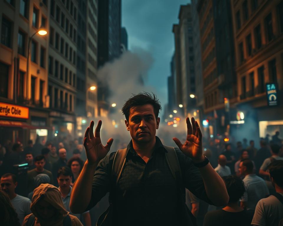 A crowded urban setting, buildings and streetlights casting dramatic shadows, conveying a sense of crisis and chaos. In the foreground, a person stands amidst the commotion, their expression tense and focused, hands raised in a gesture of control and coordination. Smoke and flashing emergency lights add to the intense atmosphere. The scene is lit by a mix of warm and cool tones, creating a visually striking and unsettling image that evokes the feeling of being at the center of an unfolding emergency. A crowded urban setting, buildings and streetlights casting dramatic shadows, conveying a sense of crisis and chaos. In the foreground, a person stands amidst the commotion, their expression tense and focused, hands raised in a gesture of control and coordination. Smoke and flashing emergency lights add to the intense atmosphere. The scene is lit by a mix of warm and cool tones, creating a visually striking and unsettling image that evokes the feeling of being at the center of an unfolding emergency.