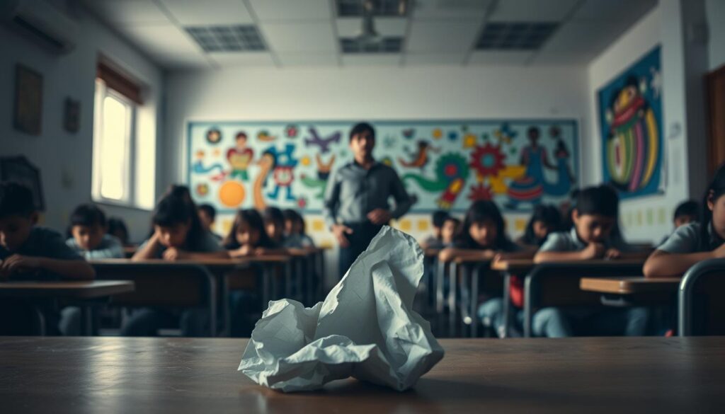 A dimly lit classroom, rows of desks and chairs, but the students' eyes are downcast, their hands still. In the foreground, a crumpled piece of paper, a failed attempt at artistic expression. The middle ground reveals an authoritative figure, a teacher, looming over the students, their face stern and disapproving. In the background, a mural of vibrant colors and shapes, a testament to the untapped creativity that lies dormant, stifled by the weight of societal expectations and the fear of failure. Soft, muted tones pervade the scene, a melancholic atmosphere that speaks to the loss of imagination and the suppression of the creative spirit.