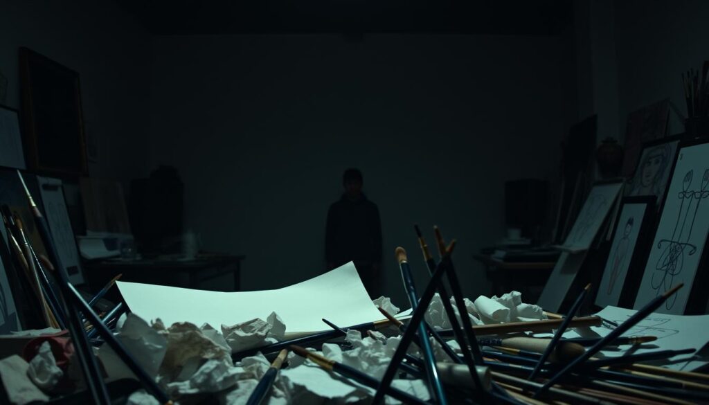A dimly lit studio, filled with a sense of creative restlessness. In the foreground, a disorderly array of art supplies - paintbrushes, crumpled paper, and half-finished sketches - symbolizing the chaos of the creative process. The middle ground features a lone figure, their face obscured, lost in contemplation, grappling with self-doubt and the fear of not being "talented" enough. The background is a hazy, dreamlike landscape, suggesting the boundless potential of the imagination, if one can only overcome the obstacles within. Muted colors and soft lighting create an atmospheric, introspective mood, inviting the viewer to ponder the nature of creativity and the power of the mind to transcend perceived limitations.