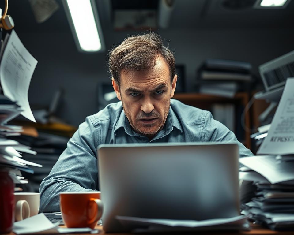 A harried professional, shoulders hunched, face etched with tension, seated at a cluttered desk amidst a storm of papers, laptop, and coffee mugs. Fluorescent lighting casts a harsh, unflattering glow, exaggerating the weary lines on their face. A sense of overwhelming pressure and perpetual deadlines radiates from the scene, captured in a tight, claustrophobic composition that leaves little room to breathe. The mood is one of quiet desperation, a portrait of the relentless demands faced by the high-achieving workaholic, struggling to maintain composure in the face of unforgiving expectations. A harried professional, shoulders hunched, face etched with tension, seated at a cluttered desk amidst a storm of papers, laptop, and coffee mugs. Fluorescent lighting casts a harsh, unflattering glow, exaggerating the weary lines on their face. A sense of overwhelming pressure and perpetual deadlines radiates from the scene, captured in a tight, claustrophobic composition that leaves little room to breathe. The mood is one of quiet desperation, a portrait of the relentless demands faced by the high-achieving workaholic, struggling to maintain composure in the face of unforgiving expectations.