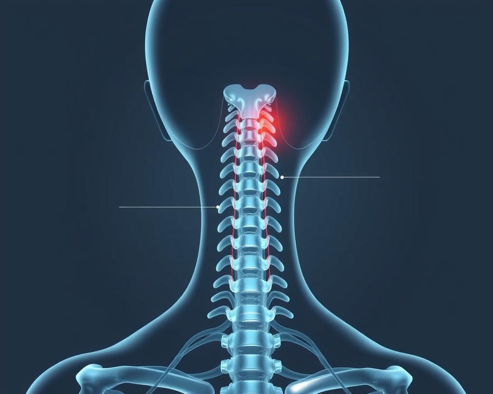 A highly detailed, scientifically accurate illustration of the most common causes of neck pain. Crisp, high-resolution image with a clean, clinical aesthetic. Centered composition showcasing the key anatomical structures of the neck, including the vertebrae, muscles, and nerves. Soft, directional lighting from the upper left casts subtle shadows, enhancing the three-dimensional forms. Neutral color palette with muted tones to focus attention on the medical details. Precise, label-free rendering allows the viewer to clearly understand the underlying physiological causes without distractions.