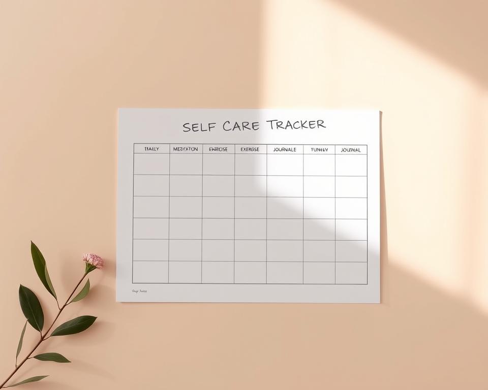 A minimalist, elegant weekly self-care tracker with a clean, modern design. The tracker occupies the central focal point, featuring a grid layout with checkboxes for daily tasks like meditation, exercise, and journaling. The background is a soft, muted pastel hue, creating a calming, introspective atmosphere. Warm, natural lighting from above casts gentle shadows, emphasizing the tactile, physical nature of the printed tracker. The composition is balanced, drawing the eye to the tracker itself, with ample negative space to evoke a sense of focus and intentionality. The overall mood is one of organization, productivity, and mindful self-care.