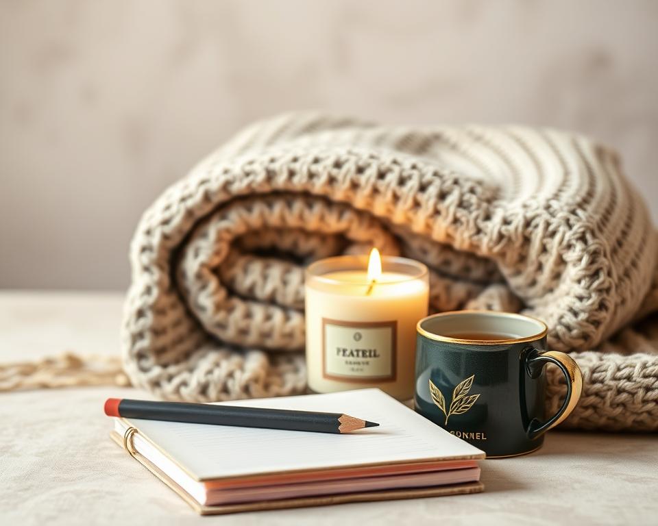 A neatly arranged display of soothing, self-care items against a soft, muted background. In the foreground, a plush, velvet-covered journal, a set of high-quality colored pencils, and a scented soy candle gently flickering. In the middle ground, a cozy, oversized knit blanket folded neatly, and a mug of steaming herbal tea. The background is a serene, natural setting, with a sense of calm and tranquility, perhaps a neutral-toned wall or a blurred, natural landscape. The lighting is warm and diffused, creating a sense of comfort and relaxation. The overall mood is one of mindfulness, self-care, and emotional well-being.