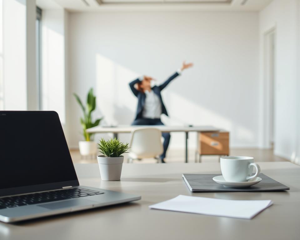 A neatly organized office desk with a laptop, potted plant, and a cup of coffee in the foreground. In the middle ground, a person in business casual attire is performing gentle stretches at their desk, their movements graceful and focused. The lighting is soft and natural, accentuating the serene atmosphere. The background depicts a spacious, minimalist office environment with clean lines and muted colors, creating a calming and productive ambiance.