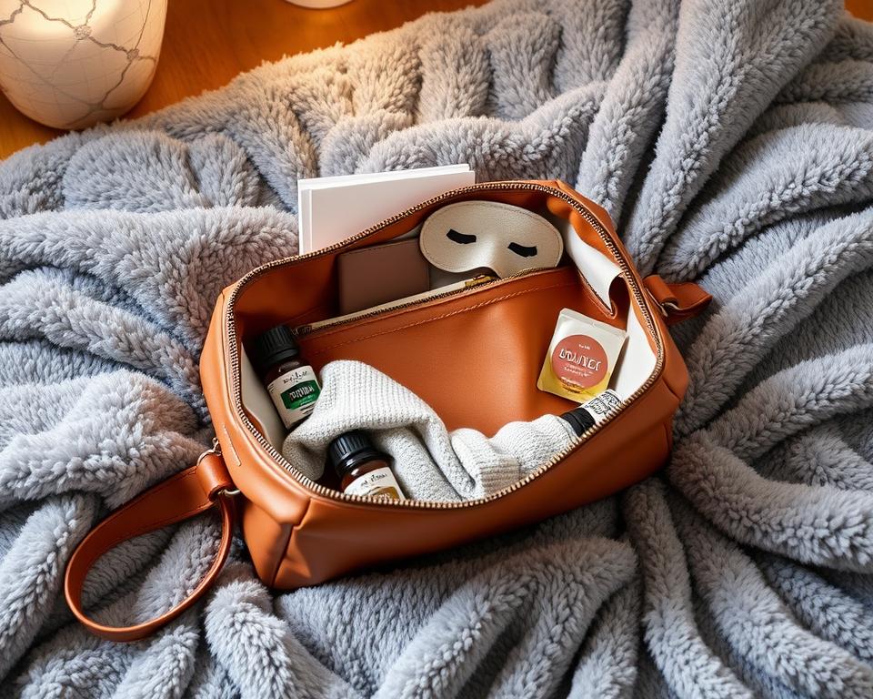 A neatly organized, stylishly designed self-care go bag rests on a soft, plush gray blanket. The bag is made of high-quality, durable leather in a sophisticated camel color. It features multiple compartments and pockets, allowing for efficient storage and easy access to its contents. Inside, the bag is filled with thoughtfully curated self-care items - calming essential oils, a small journal and pen, a luxurious face mask, a cozy pair of socks, and a set of relaxing tea bags. Warm, diffused lighting casts a gentle glow over the scene, creating a serene and inviting atmosphere. The overall composition conveys a sense of tranquility, self-care, and intentionality.