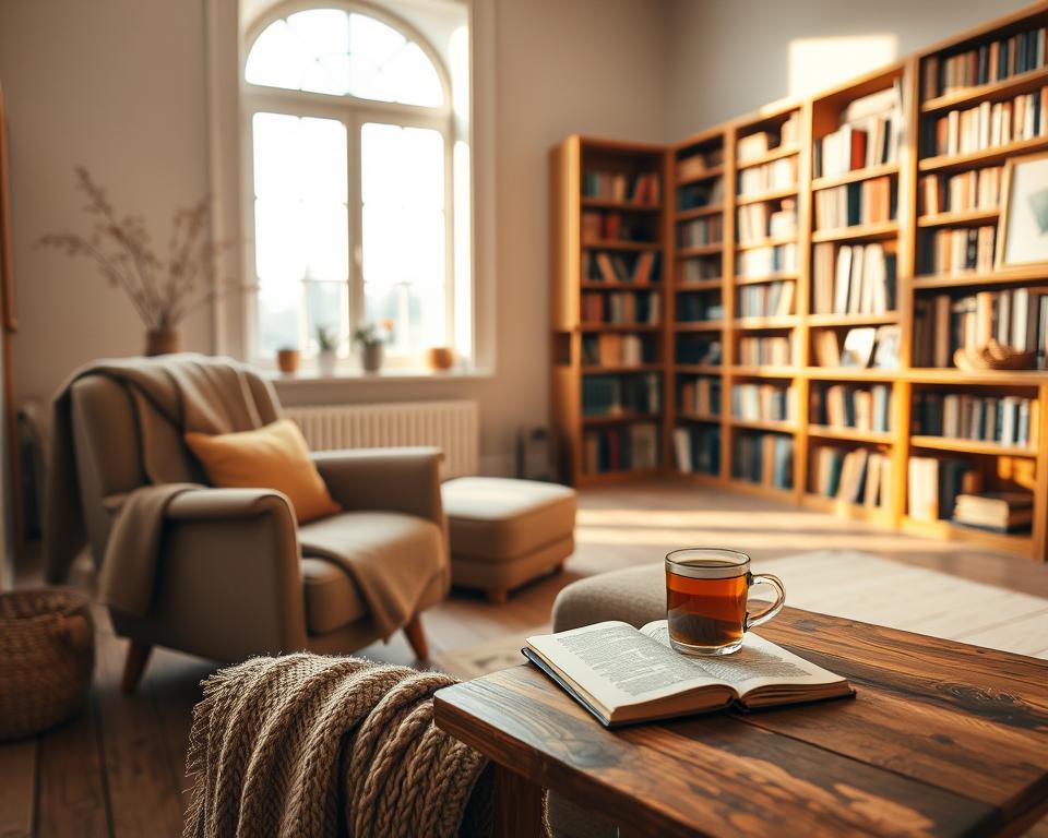 A peaceful, serene study with a warm, cozy atmosphere. In the foreground, a comfortable armchair and a cozy throw blanket, inviting the viewer to relax. On a wooden side table, a cup of hot tea and a journal, symbolic of self-reflection and mindfulness. The middle ground features a large window, allowing natural light to flood the space and creating a sense of tranquility. In the background, bookshelves line the walls, hinting at the power of knowledge and personal growth. The overall mood is one of calm, introspection, and a focus on self-care, captured through soft lighting, muted colors, and a minimalist, yet inviting design. A peaceful, serene study with a warm, cozy atmosphere. In the foreground, a comfortable armchair and a cozy throw blanket, inviting the viewer to relax. On a wooden side table, a cup of hot tea and a journal, symbolic of self-reflection and mindfulness. The middle ground features a large window, allowing natural light to flood the space and creating a sense of tranquility. In the background, bookshelves line the walls, hinting at the power of knowledge and personal growth. The overall mood is one of calm, introspection, and a focus on self-care, captured through soft lighting, muted colors, and a minimalist, yet inviting design.