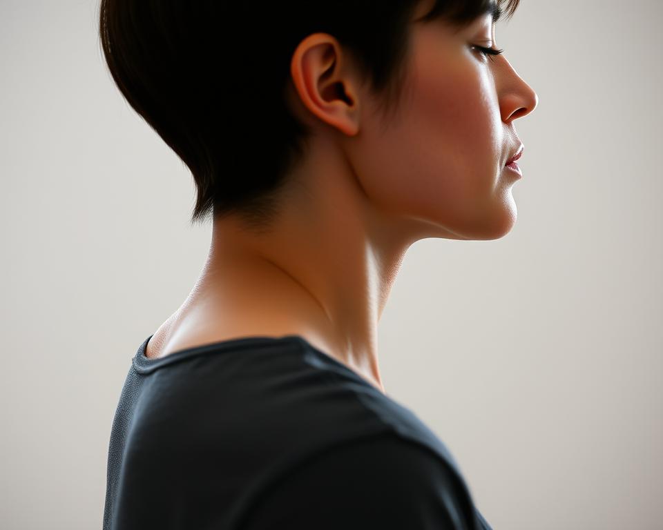 A person in profile view, displaying a visible forward head posture. The neck is extended forward, the shoulders are rounded, and the chin protrudes past the chest. The figure is rendered in a realistic style, with subtle lighting from the side to accentuate the postural imbalance. The background is slightly blurred, keeping the focus on the subject's posture. The overall scene conveys a sense of discomfort and the potential for neck and upper back pain.