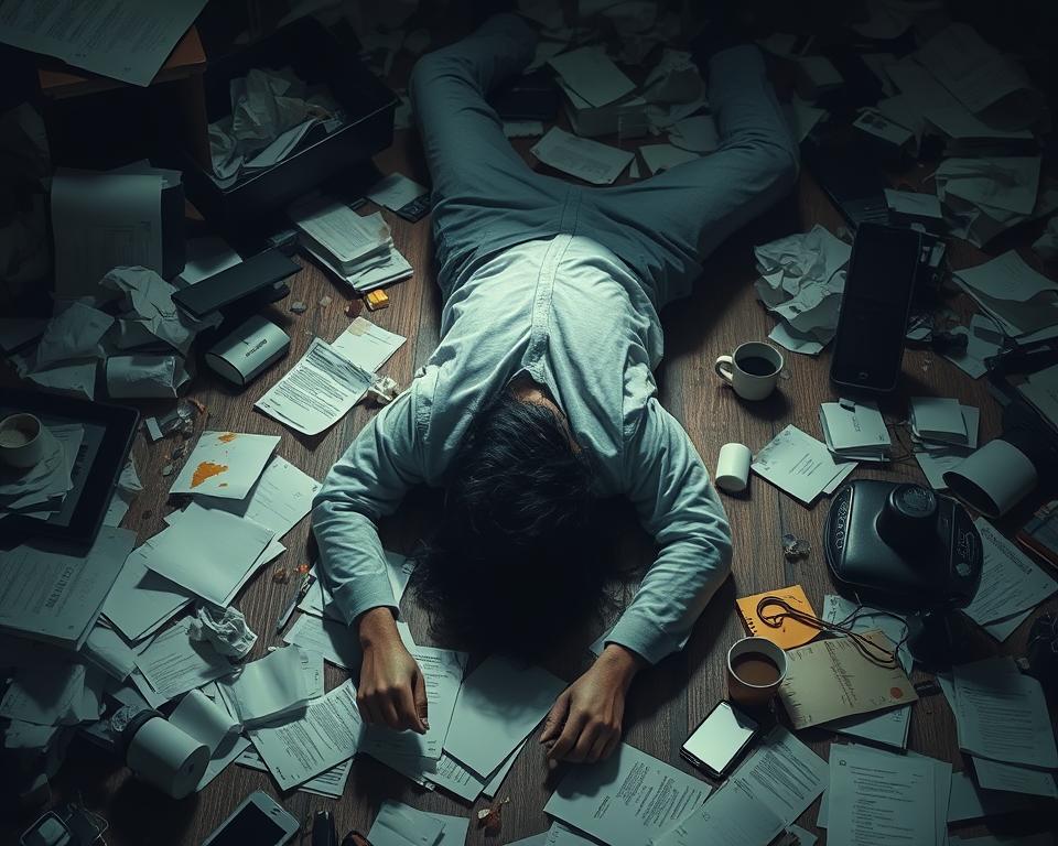 A person lying exhausted on the floor, surrounded by a chaotic mess of crumpled papers, spilled coffee, and discarded electronics. Dim, sickly lighting casts long shadows, creating a somber, oppressive atmosphere. The figure's body language conveys utter depletion, arms and legs sprawled limply. Disheveled hair and a drawn, pallid face reflect the mental and physical toll of burnout. The cluttered background symbolizes the overwhelming responsibilities and demands that have pushed this individual to their breaking point. A sense of utter hopelessness and resignation permeates the scene, capturing the "rock bottom" moment when the body and mind can no longer cope.