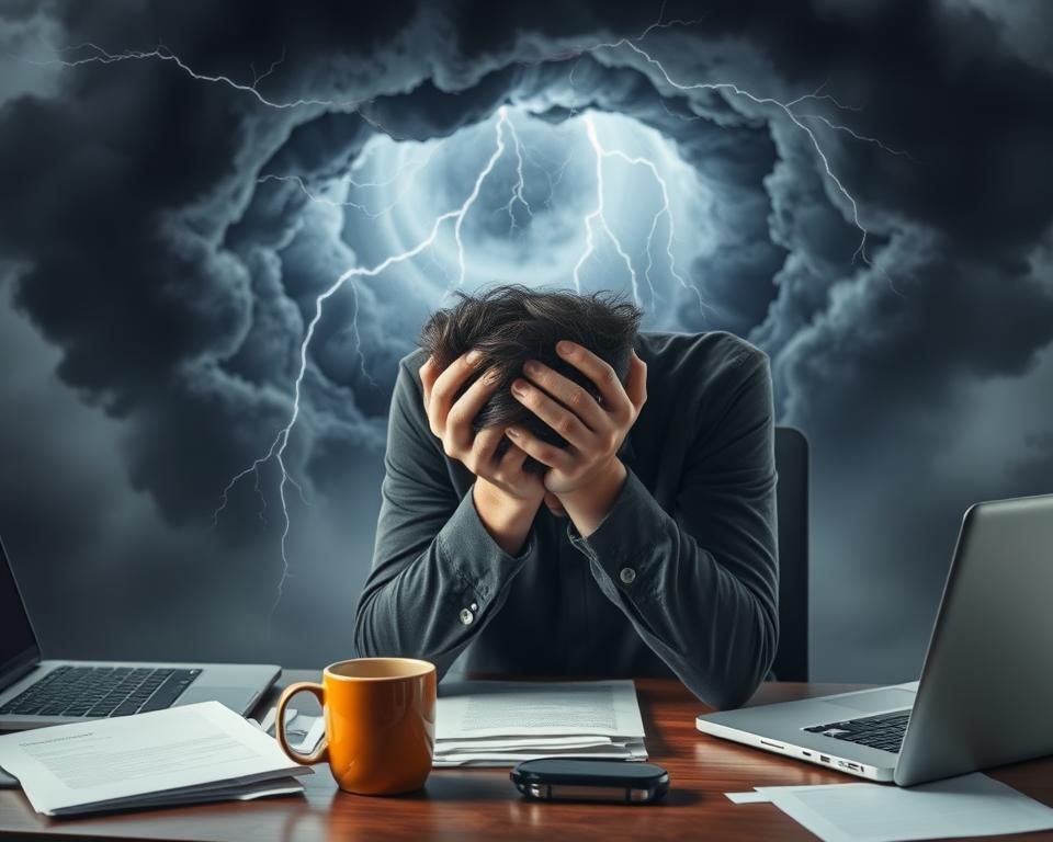 A person sitting at a desk, shoulders hunched, head in hands, surrounded by a swirling vortex of dark clouds and lightning. The desk is cluttered with papers, a laptop, and a half-empty coffee mug. The lighting is harsh, casting deep shadows on the person's face, conveying a sense of exhaustion and despair. The background is blurred, with muted colors and a sense of claustrophobia, emphasizing the overwhelming nature of the situation. The overall atmosphere is one of burnout, stress, and the feeling of being trapped in a never-ending cycle of work and fatigue.