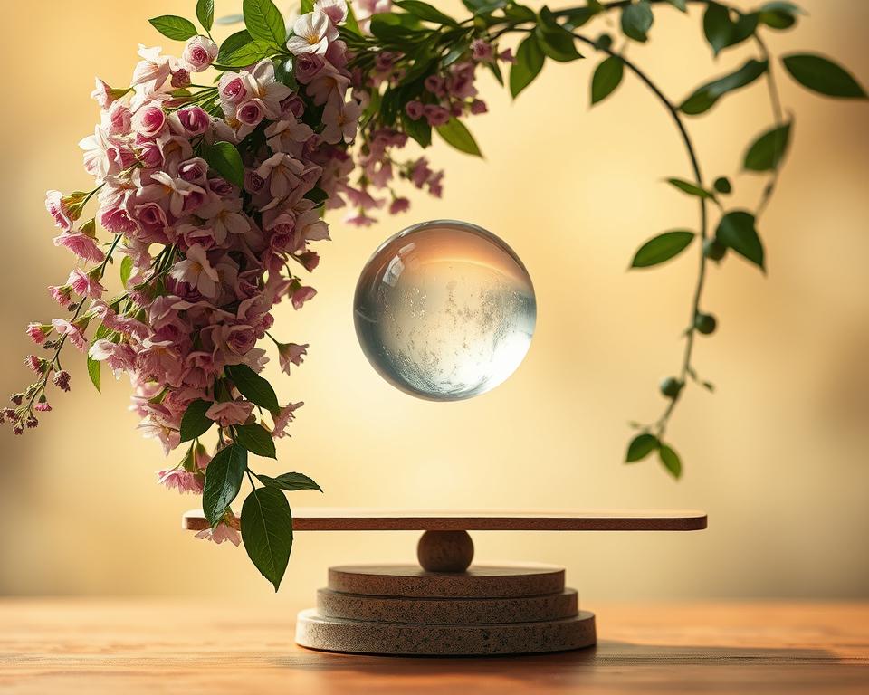 A serene balance of a life in harmony, a tranquil scale with weighted elements in equilibrium. A delicate glass sphere floats amidst cascading flowers and lush greenery, casting a soft, diffused light. The background fades to a hazy, dreamlike quality, accentuating the central focus. Warm, earthy tones blend seamlessly, creating a sense of grounded stability. Composition is carefully arranged, with elements positioned to evoke a feeling of inner peace and mindful, intentional living. Subtle shadows and highlights add depth and dimension, while the overall atmosphere is one of quiet contemplation and restful solace. A serene balance of a life in harmony, a tranquil scale with weighted elements in equilibrium. A delicate glass sphere floats amidst cascading flowers and lush greenery, casting a soft, diffused light. The background fades to a hazy, dreamlike quality, accentuating the central focus. Warm, earthy tones blend seamlessly, creating a sense of grounded stability. Composition is carefully arranged, with elements positioned to evoke a feeling of inner peace and mindful, intentional living. Subtle shadows and highlights add depth and dimension, while the overall atmosphere is one of quiet contemplation and restful solace.