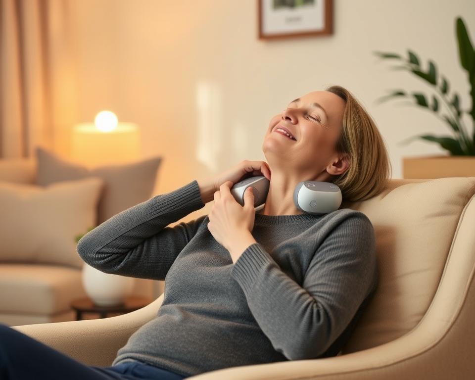 A serene home setting with a person sitting in a comfortable armchair, gently massaging their neck with a soothing therapeutic device. Soft, warm lighting creates a calming atmosphere, while the background features a cozy, minimalist interior design. The person's expression conveys relief and relaxation as they find solace in this simple, yet effective neck pain remedy. The scene evokes a sense of tranquility and self-care, emphasizing the importance of addressing neck discomfort through gentle, restorative measures.